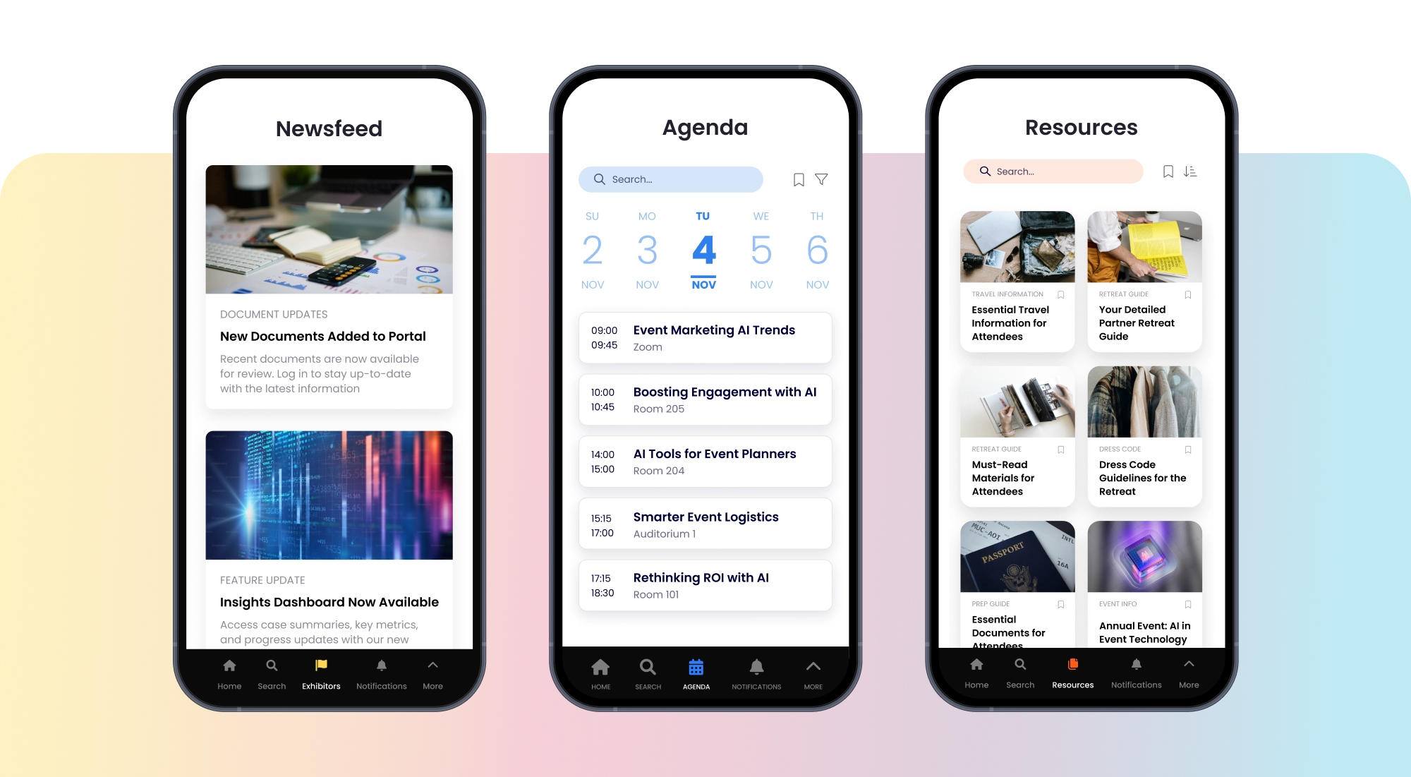 Event content including agenda, videos, and exhibitor information
